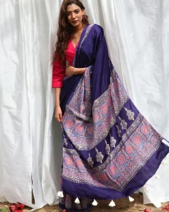 Blue Modal Silk Blockprinted Saree - Kite