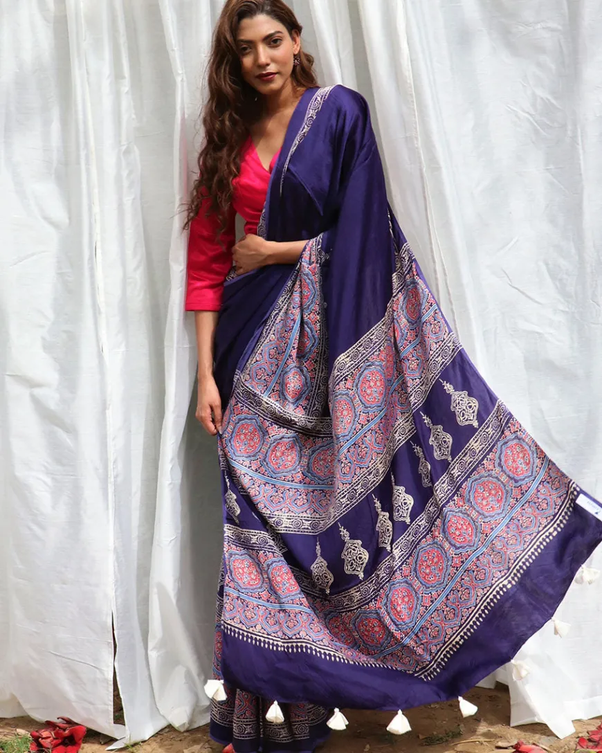 Blue Modal Silk Blockprinted Saree - Kite