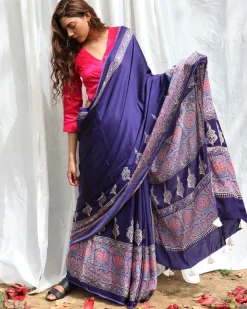 Blue Modal Silk Blockprinted Saree - Kite