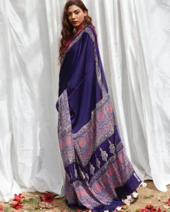 Blue Modal Silk Blockprinted Saree - Kite