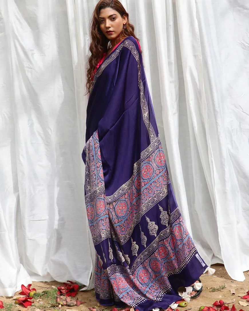 Blue Modal Silk Blockprinted Saree - Kite