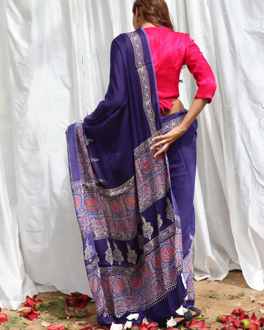 Blue Modal Silk Blockprinted Saree - Kite