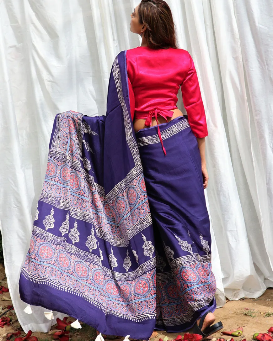 Blue Modal Silk Blockprinted Saree - Kite