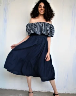 Blue Offshoulder Blockprinted Cotton Dress