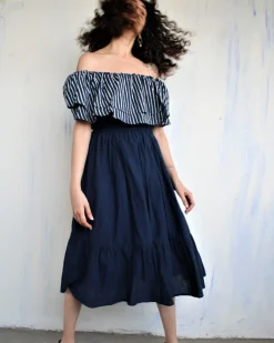 Blue Offshoulder Blockprinted Cotton Dress