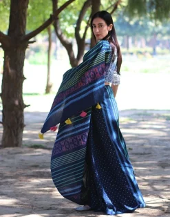 Blue Striated Blockprinted Cotton Mul Saree