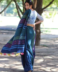 Blue Striated Blockprinted Cotton Mul Saree