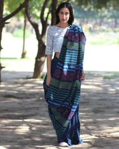 Blue Striated Blockprinted Cotton Mul Saree