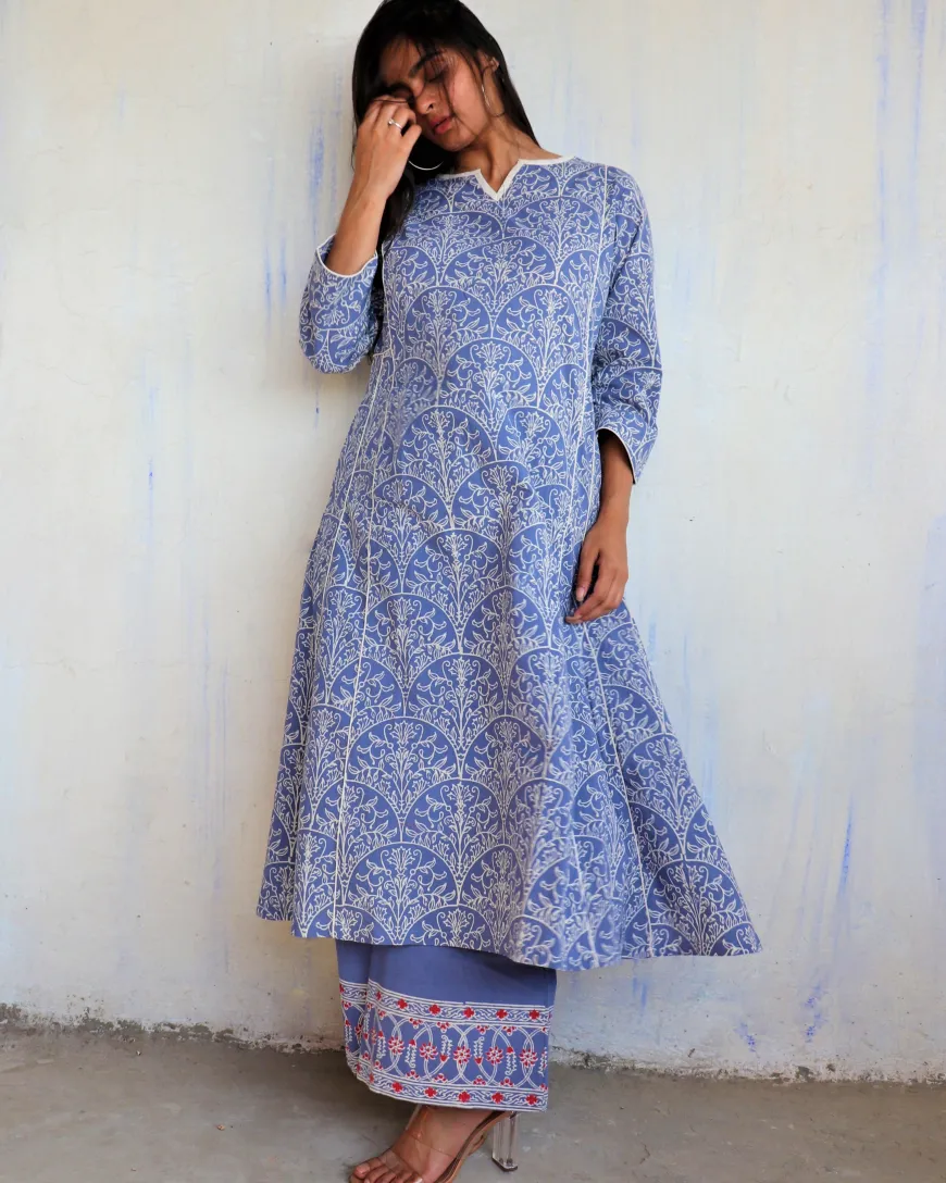 Blue Yale Block printed Cotton Kurta Set Of 2 - Ib