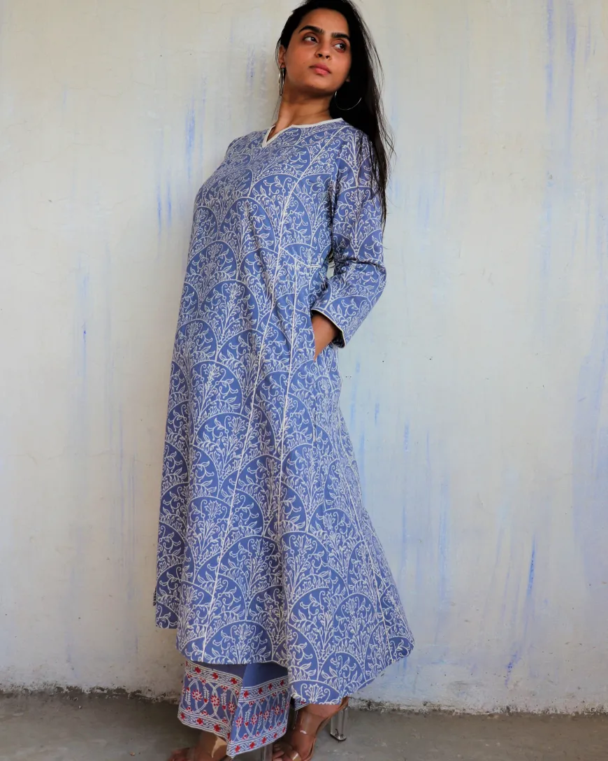 Blue Yale Block printed Cotton Kurta Set Of 2 - Ib
