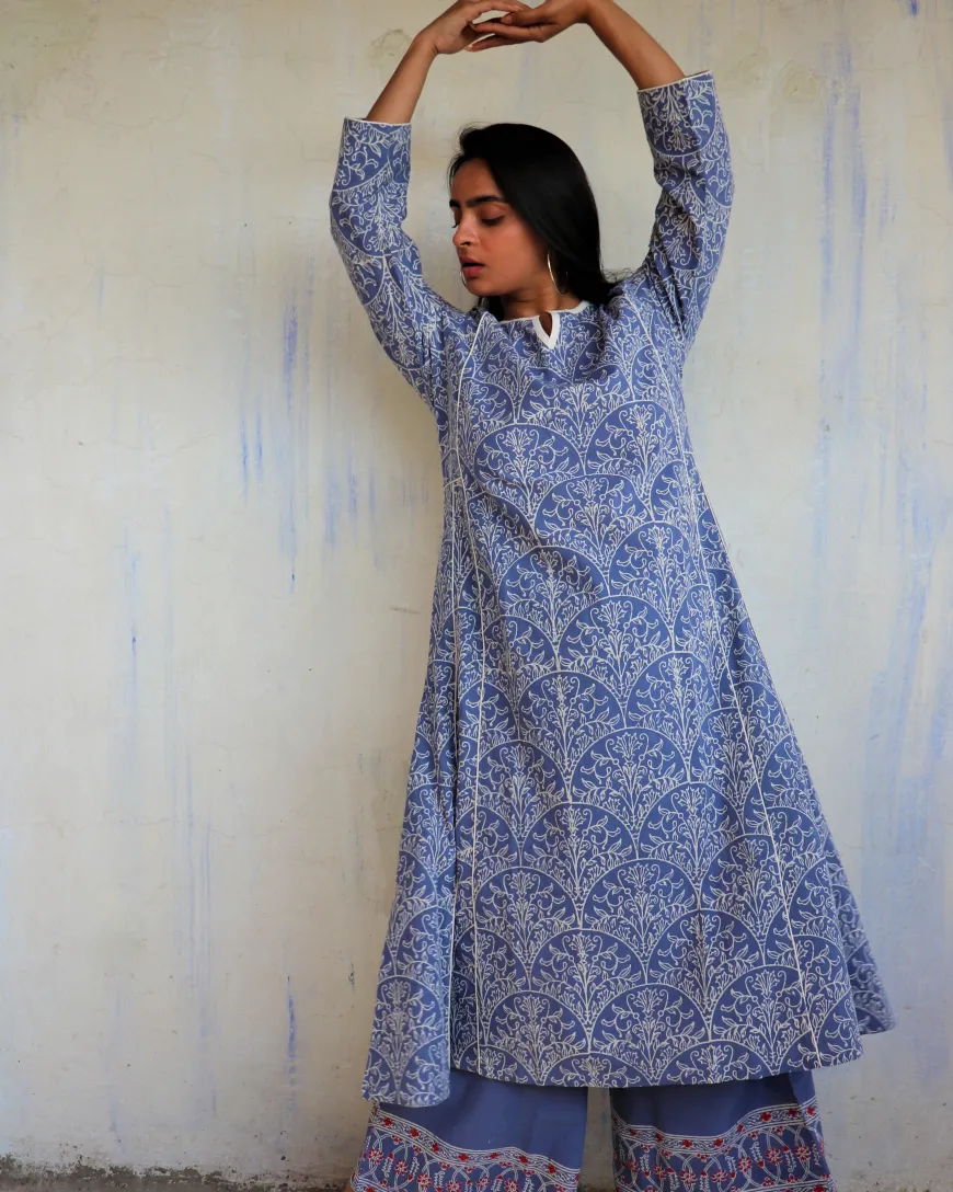 Blue Yale Block printed Cotton Kurta Set Of 2 - Ib