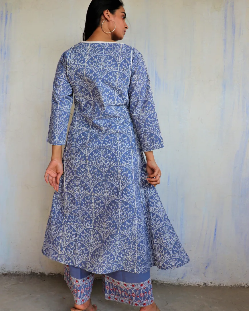 Blue Yale Block printed Cotton Kurta Set Of 2 - Ib