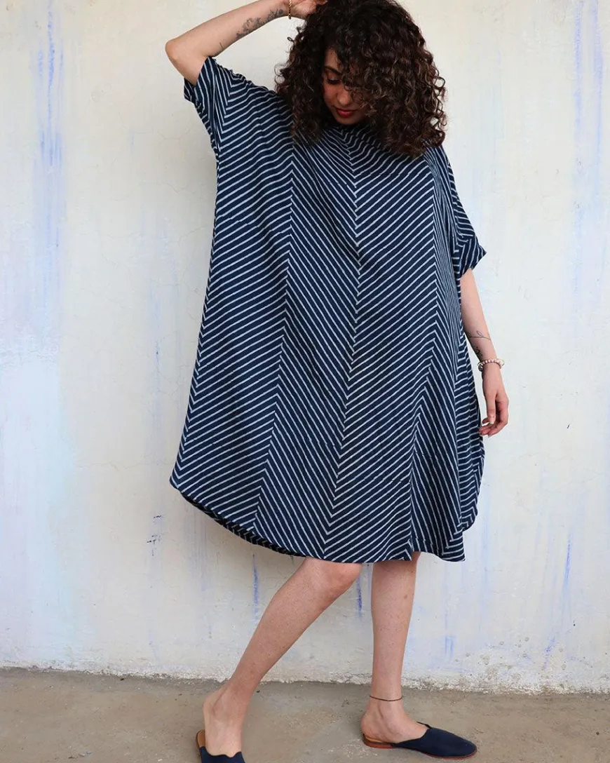 Blue Zigzag Blockprinted Cotton Freesize Dress