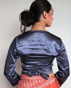 Bluish Grey Tie-Up Mashru Silk Blouse-Sahar