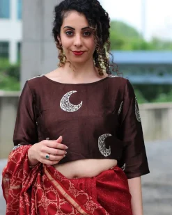 Brown Cresent Block Printed Crop Top  Mashru Silk Blouse