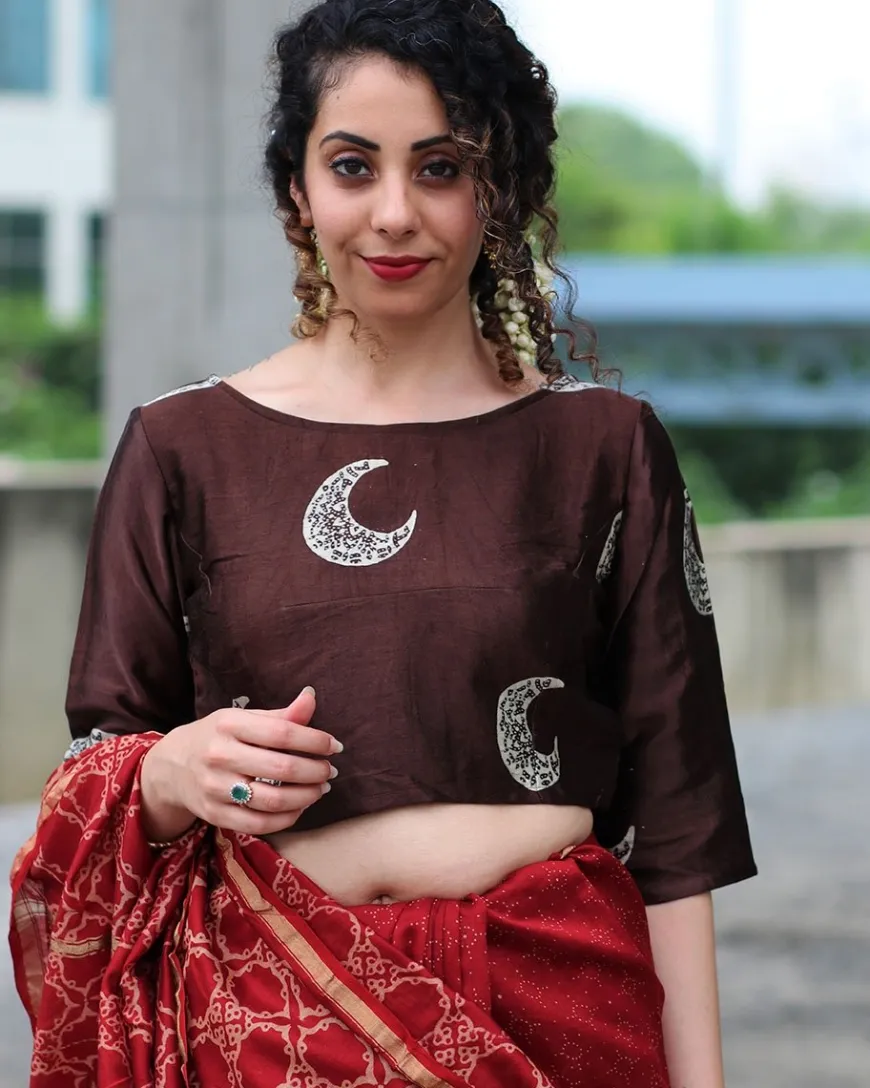 Brown Cresent Block Printed Crop Top Mashru Silk Blouse