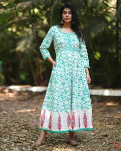 Chamomile’s Calm Teal Green Block Printed Cotton Dress - MMG