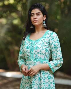 Chamomile’s Calm Teal Green Block Printed Cotton Dress - MMG