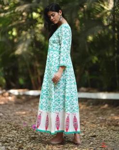Chamomile’s Calm Teal Green Block Printed Cotton Dress - MMG