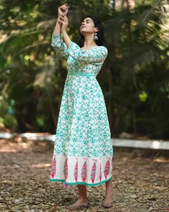 Chamomile’s Calm Teal Green Block Printed Cotton Dress - MMG