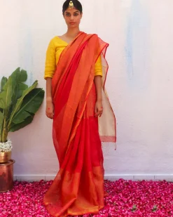 Chandni Red Handwoven Linen Zari Saree - Eknoor