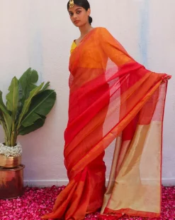 Chandni Red Handwoven Linen Zari Saree - Eknoor