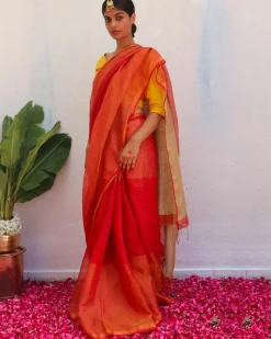 Chandni Red Handwoven Linen Zari Saree - Eknoor