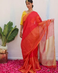 Chandni Red Handwoven Linen Zari Saree - Eknoor