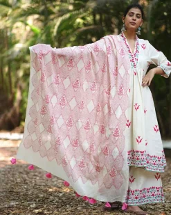 Cherry Blossoms’ Charm Ivory Handblock Printed Dupatta - MMG