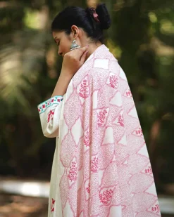 Cherry Blossoms’ Charm Ivory Handblock Printed Dupatta - MMG