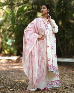 Cherry Blossoms’ Charm Ivory Handblock Printed Dupatta - MMG