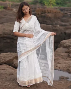Cloudberry Kota Doria Ivory Block Printed Saree - SFD