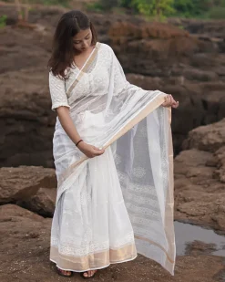Cloudberry Kota Doria Ivory Block Printed Saree - SFD