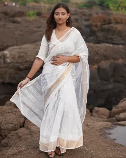 Cloudberry Kota Doria Ivory Block Printed Saree - SFD