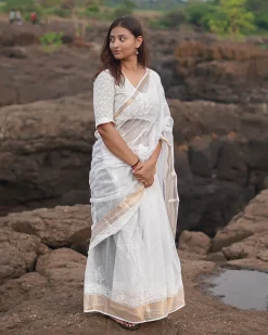 Cloudberry Kota Doria Ivory Block Printed Saree - SFD