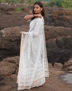 Cloudberry Kota Doria Ivory Block Printed Saree - SFD