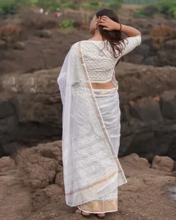 Cloudberry Kota Doria Ivory Block Printed Saree - SFD