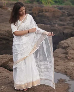 Cloudberry Kota Doria Ivory Block Printed Saree - SFD