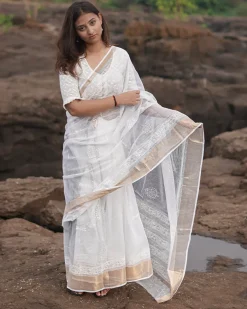 Cloudberry Kota Doria Ivory Block Printed Saree - SFD