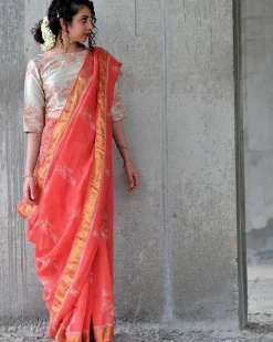Coral Block Printed Saree Pure Handwoven Linen