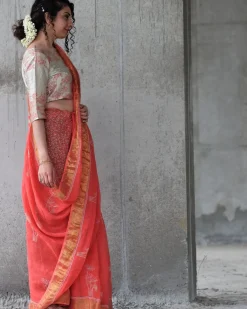 Coral Block Printed Saree Pure Handwoven Linen