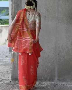 Coral Block Printed Saree Pure Handwoven Linen
