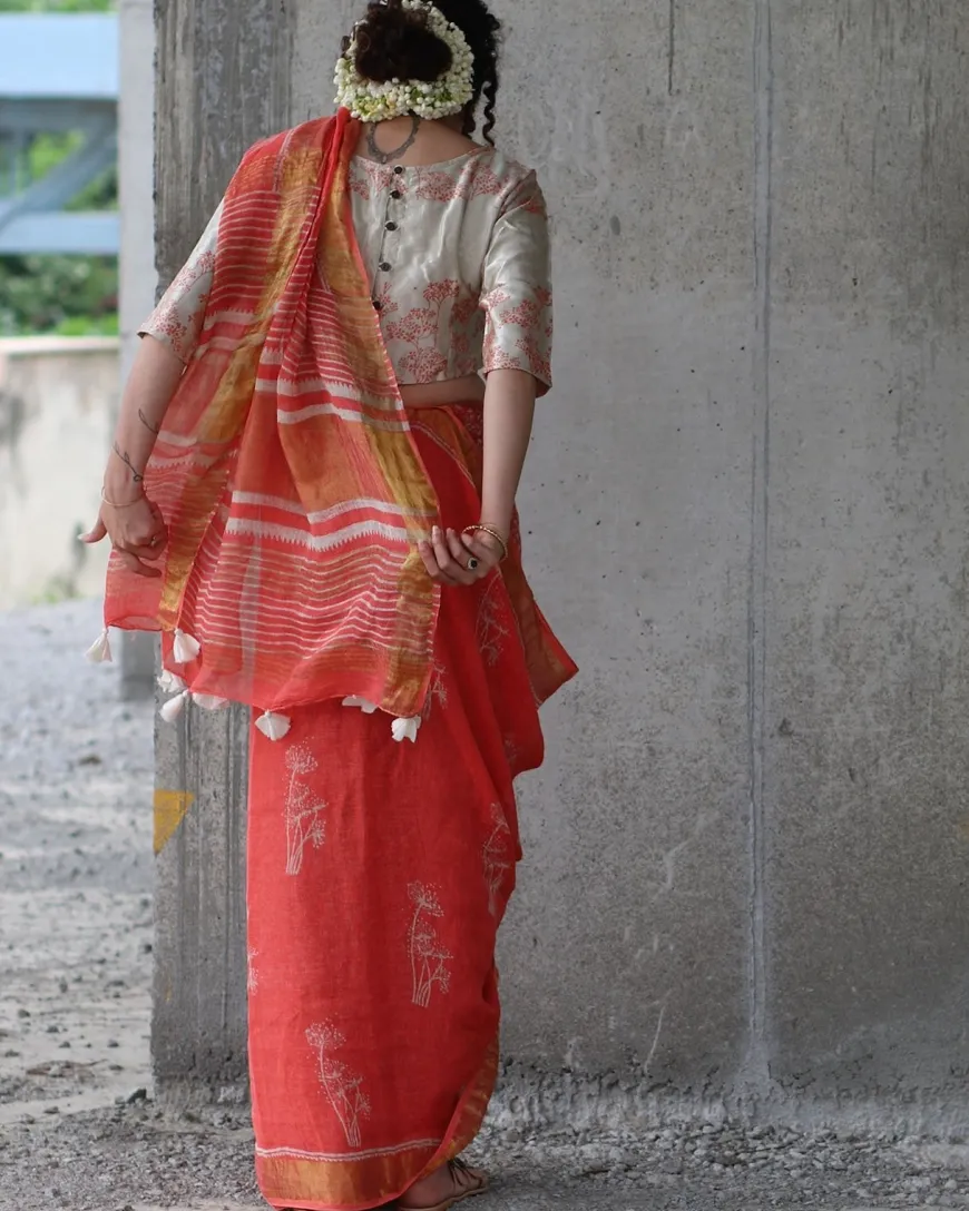 Coral Block Printed Saree Pure Handwoven Linen