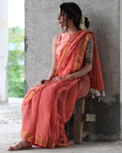 Coral Block Printed Saree Pure Handwoven Linen
