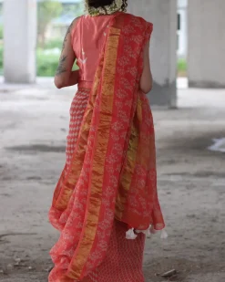Coral Block Printed Saree Pure Handwoven Linen