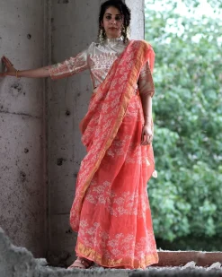 Coral Block Printed Saree Pure Handwoven Linen