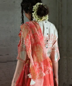 Coral Block Printed Saree Pure Handwoven Linen