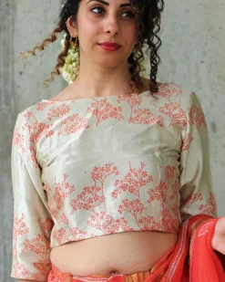 Coral Ivory Back Button Crop Top Blouse In Mushru Silk