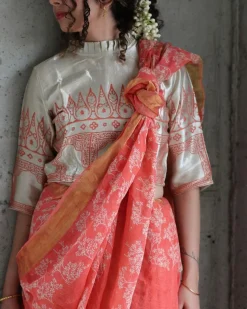 Coral Ivory Back Crop Top Blouse With Frill Neck In Mashru Silk