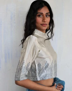 Cream Blue Blockprinted Mashru Silk Blouse